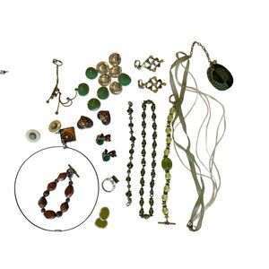 Vintage Jewelry Lot #3 Green & Bronze - Assorted Necklaces Bracelets Clip Earrin
